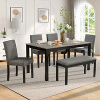 Ensemble de salle à manger 6 pièces, ensemble de salle à manger en bois avec table à manger rectangulaire, banc et 4 chaises rembourrées