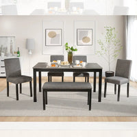Ensemble de salle à manger 6 pièces, ensemble de salle à manger en bois avec table à manger rectangulaire, banc et 4 chaises rembourrées