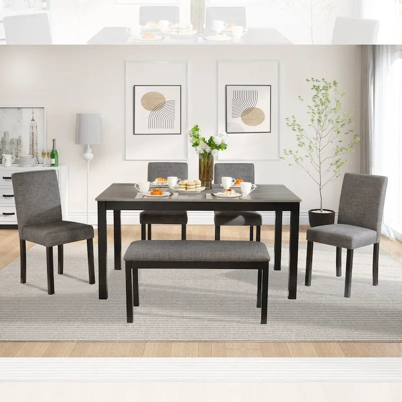 Ensemble de salle à manger 6 pièces, ensemble de salle à manger en bois avec table à manger rectangulaire, banc et 4 chaises rembourrées