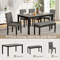 Ensemble de salle à manger 6 pièces, ensemble de salle à manger en bois avec table à manger rectangulaire, banc et 4 chaises rembourrées
