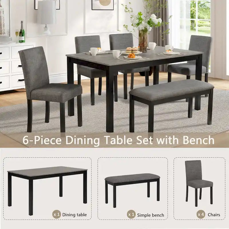 Ensemble de salle à manger 6 pièces, ensemble de salle à manger en bois avec table à manger rectangulaire, banc et 4 chaises rembourrées