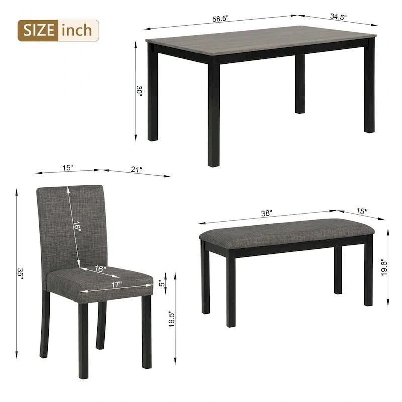 Ensemble de salle à manger 6 pièces, ensemble de salle à manger en bois avec table à manger rectangulaire, banc et 4 chaises rembourrées