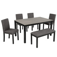 Ensemble de salle à manger 6 pièces, ensemble de salle à manger en bois avec table à manger rectangulaire, banc et 4 chaises rembourrées
