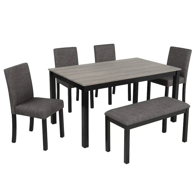 Ensemble de salle à manger 6 pièces, ensemble de salle à manger en bois avec table à manger rectangulaire, banc et 4 chaises rembourrées