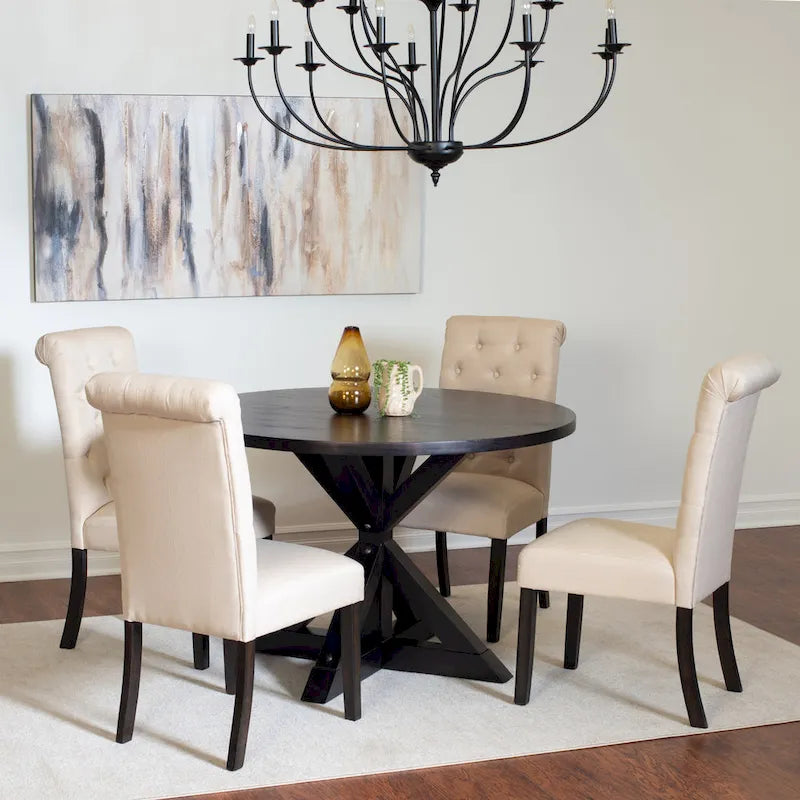 Ensemble de table à manger ronde 5 pièces, ensemble de mobilier de salle à manger avec table à manger à croisillons et 4 chaises rembourrées