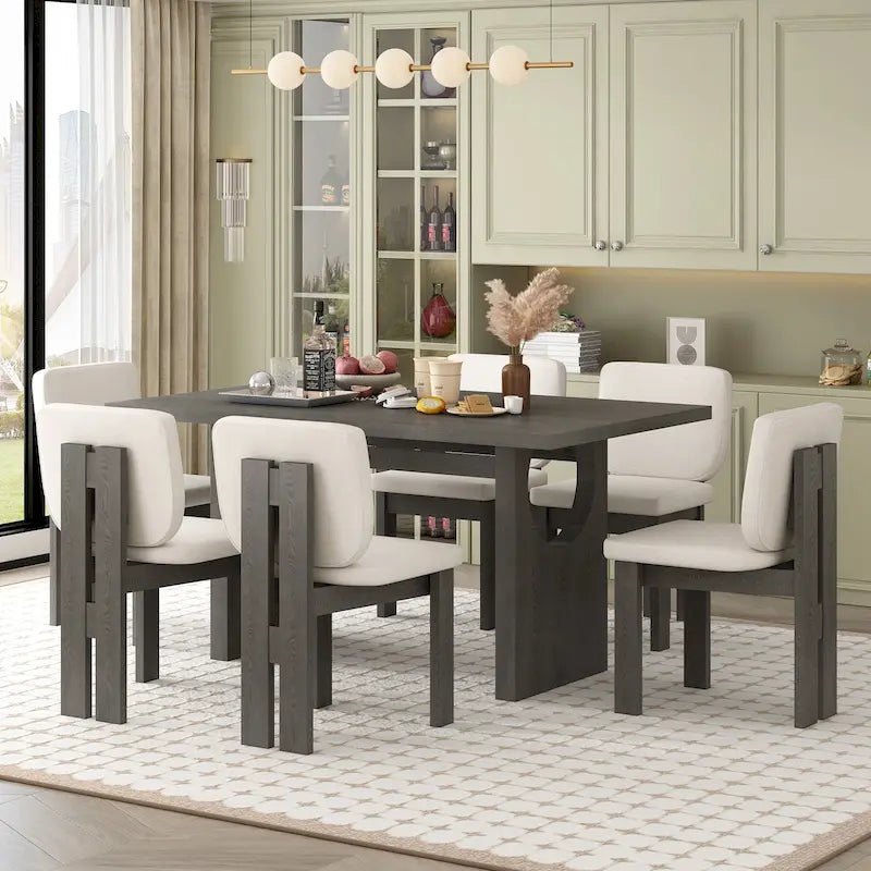 Ensemble de table à manger 7 pièces, ensemble de table de cuisine en bois massif avec table rectangulaire, base à tréteaux design et 6 chaises rembourrées