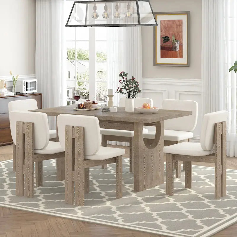 Ensemble de table à manger 7 pièces, ensemble de table de cuisine en bois massif avec table rectangulaire, base à tréteaux design et 6 chaises rembourrées