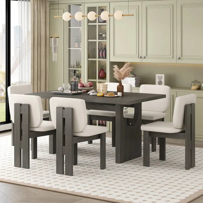 Ensemble de table à manger 7 pièces, ensemble de table de cuisine en bois massif avec table rectangulaire, base à tréteaux design et 6 chaises rembourrées