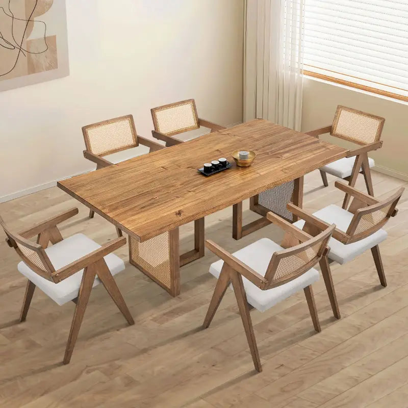 Ensemble de 7 pièces de table et chaises de salle à manger en bois, ensemble de table de cuisine en rotin avec table à manger rectangulaire et 6 chaises