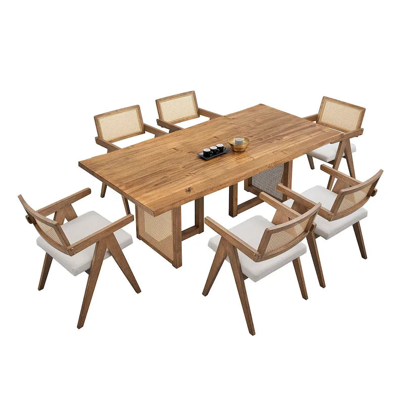 Ensemble de 7 pièces de table et chaises de salle à manger en bois, ensemble de table de cuisine en rotin avec table à manger rectangulaire et 6 chaises