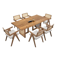 Ensemble de 7 pièces de table et chaises de salle à manger en bois, ensemble de table de cuisine en rotin avec table à manger rectangulaire et 6 chaises