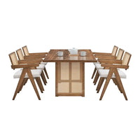 Ensemble de 7 pièces de table et chaises de salle à manger en bois, ensemble de table de cuisine en rotin avec table à manger rectangulaire et 6 chaises
