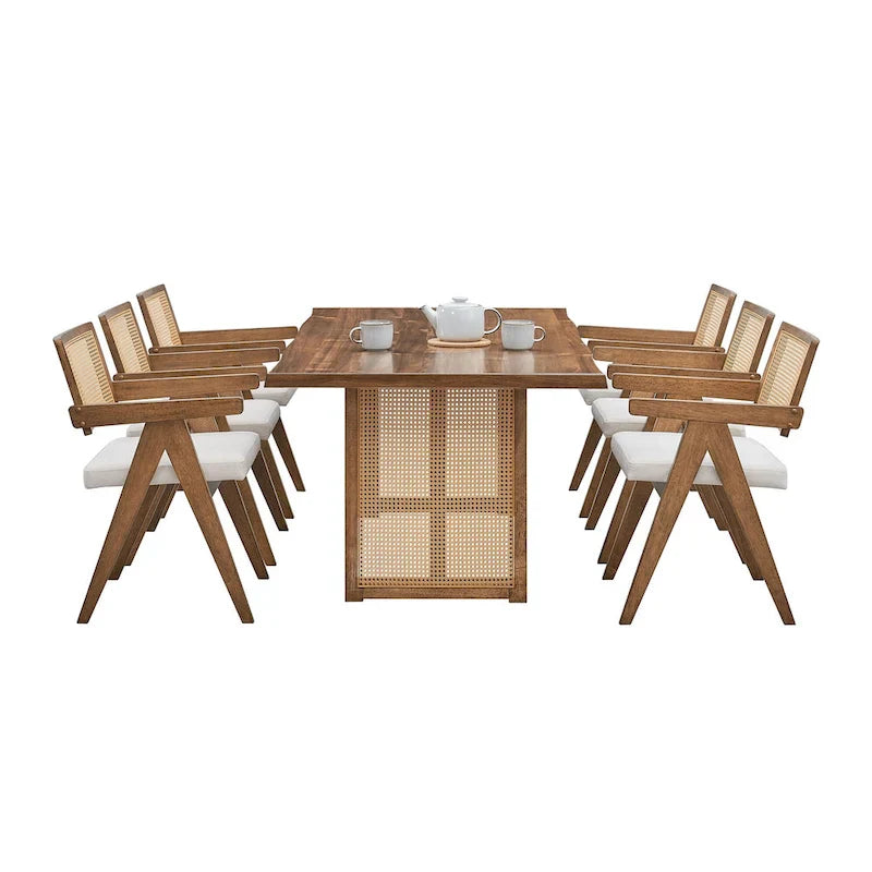 Ensemble de 7 pièces de table et chaises de salle à manger en bois, ensemble de table de cuisine en rotin avec table à manger rectangulaire et 6 chaises