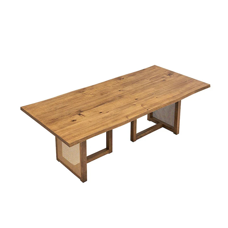 Ensemble de 7 pièces de table et chaises de salle à manger en bois, ensemble de table de cuisine en rotin avec table à manger rectangulaire et 6 chaises