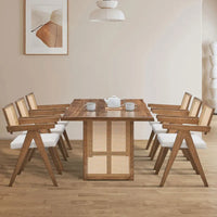Ensemble de 7 pièces de table et chaises de salle à manger en bois, ensemble de table de cuisine en rotin avec table à manger rectangulaire et 6 chaises