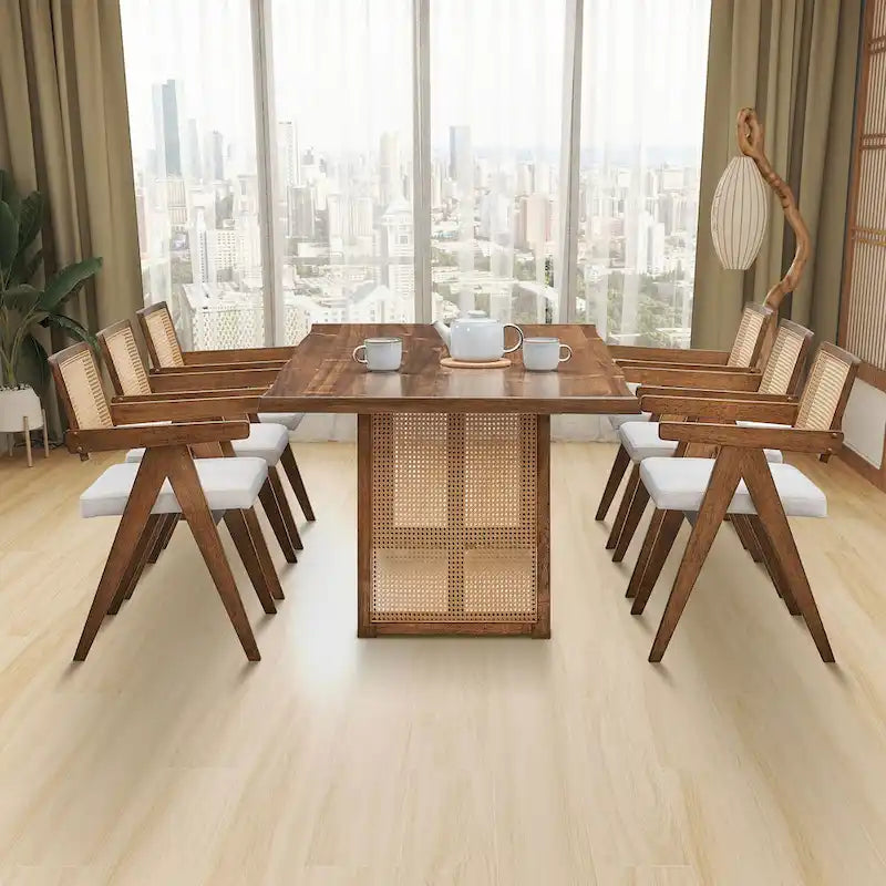 Ensemble de 7 pièces de table et chaises de salle à manger en bois, ensemble de table de cuisine en rotin avec table à manger rectangulaire et 6 chaises