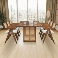 Ensemble de 7 pièces de table et chaises de salle à manger en bois, ensemble de table de cuisine en rotin avec table à manger rectangulaire et 6 chaises