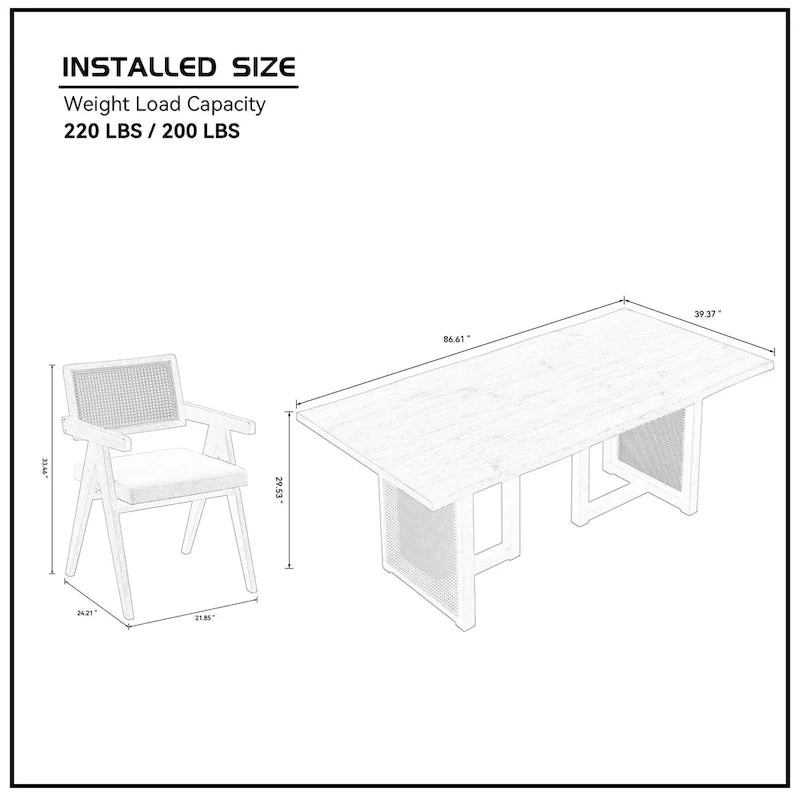 Ensemble de 7 pièces de table et chaises de salle à manger en bois, ensemble de table de cuisine en rotin avec table à manger rectangulaire et 6 chaises