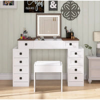 Coiffeuse bureau avec lumière LED variable, table de maquillage avec miroir rabattable, ensemble coiffeuse comprenant tabouret et tiroirs