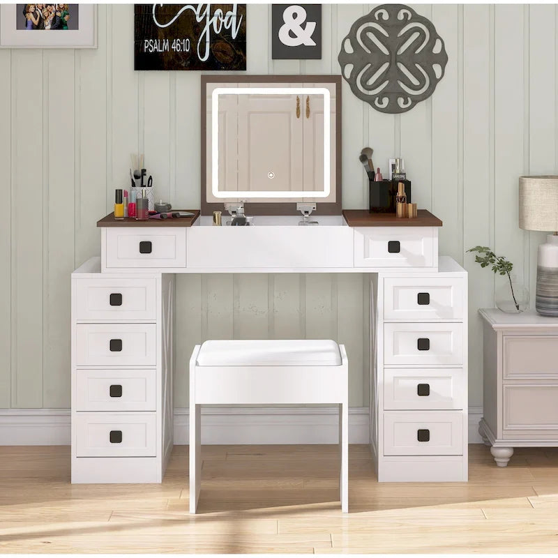Coiffeuse bureau avec lumière LED variable, table de maquillage avec miroir rabattable, ensemble coiffeuse comprenant tabouret et tiroirs
