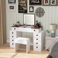 Coiffeuse bureau avec lumière LED variable, table de maquillage avec miroir rabattable, ensemble coiffeuse comprenant tabouret et tiroirs
