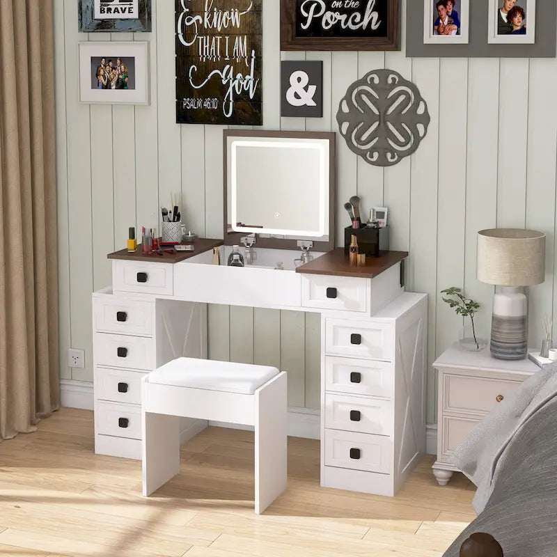 Coiffeuse bureau avec lumière LED variable, table de maquillage avec miroir rabattable, ensemble coiffeuse comprenant tabouret et tiroirs