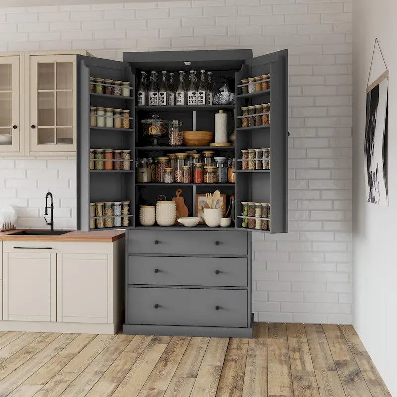 Meuble de cuisine avec 8 portes et étagères, meuble de rangement en bois avec 3 tiroirs de rangement, placard avec étagères réglables