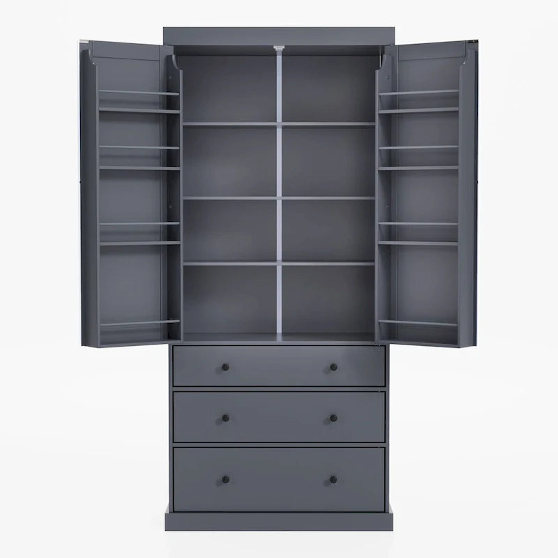 Meuble de cuisine avec 8 portes et étagères, meuble de rangement en bois avec 3 tiroirs de rangement, placard avec étagères réglables