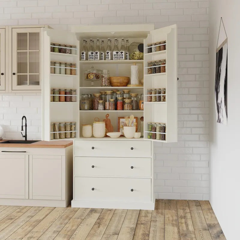 Meuble de cuisine avec 8 portes et étagères, meuble de rangement en bois avec 3 tiroirs de rangement, placard avec étagères réglables