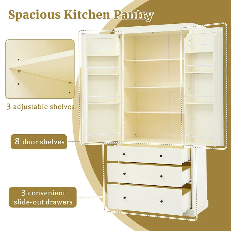 Meuble de cuisine avec 8 portes et étagères, meuble de rangement en bois avec 3 tiroirs de rangement, placard avec étagères réglables