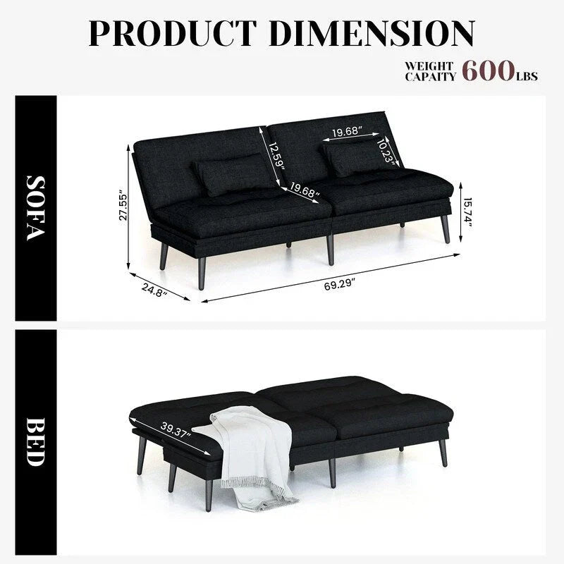 Canapé-lit convertible Grondin, dossier réglable sur 5 positions avec 2 oreillers, méridienne inclinable de style moderne