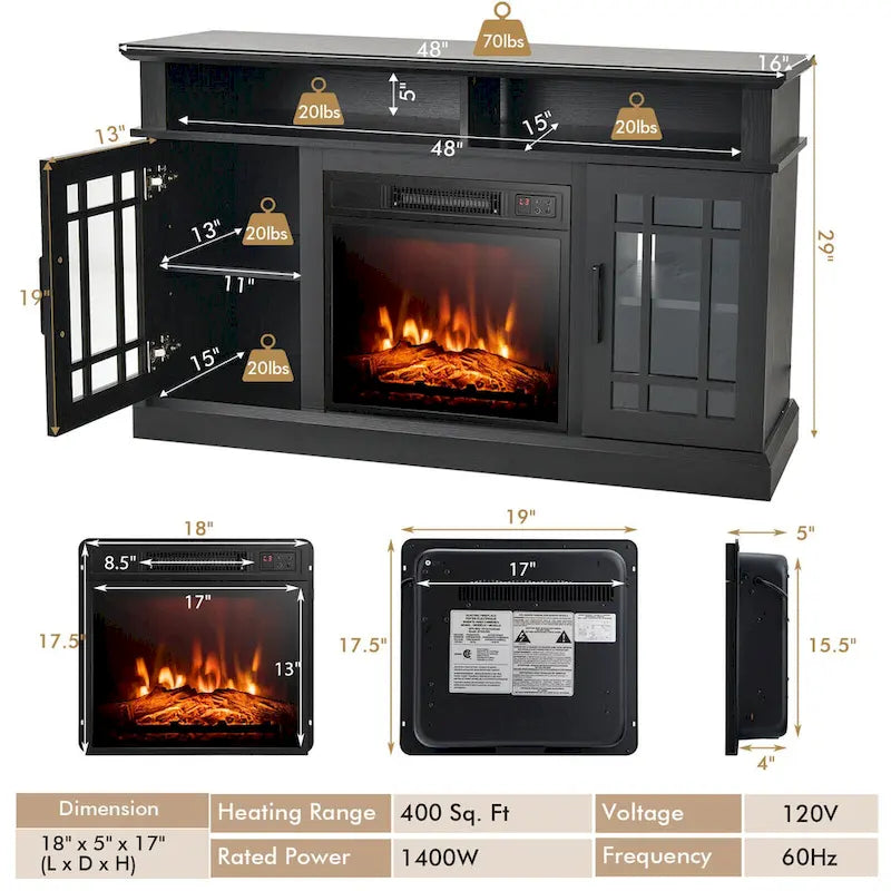 Meuble TV armoire console Gymax 48 avec cheminée, meuble multimédia - 48 x 16 x 30