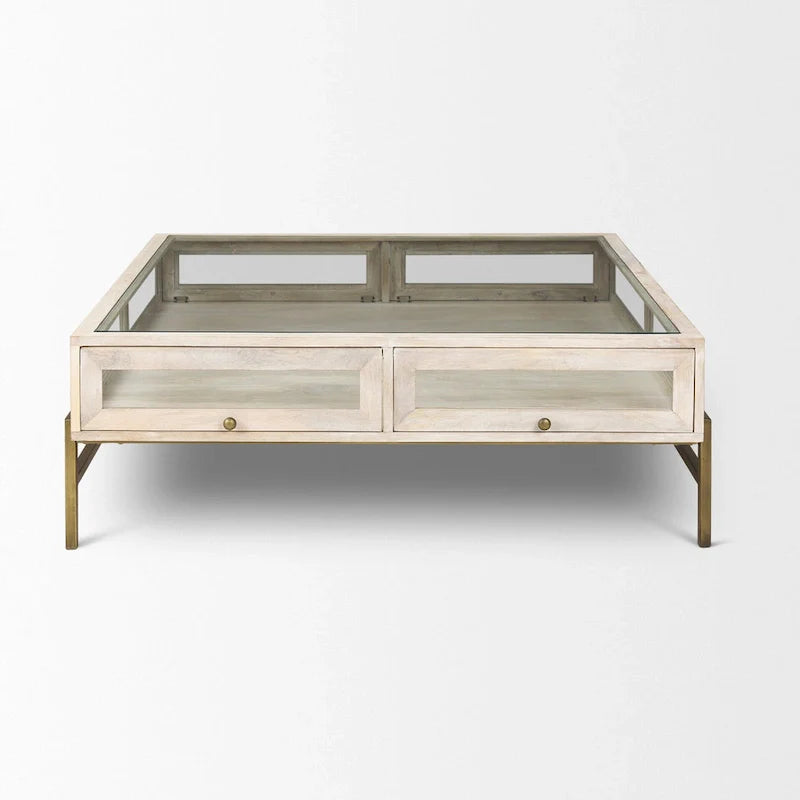 HomeRoots 44 Table basse de rangement en bois massif, verre et fer, blanc cassé, transparent et or - 43,5" x 15" x 43,5"