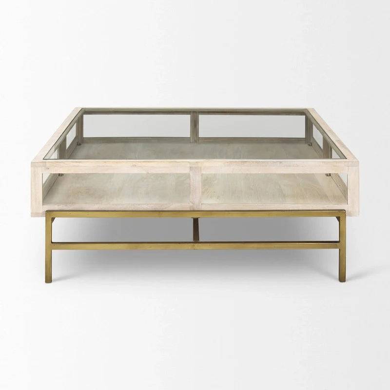 HomeRoots 44 Table basse de rangement en bois massif, verre et fer, blanc cassé, transparent et or - 43,5" x 15" x 43,5"