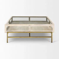 HomeRoots 44 Table basse de rangement en bois massif, verre et fer, blanc cassé, transparent et or - 43,5" x 15" x 43,5"