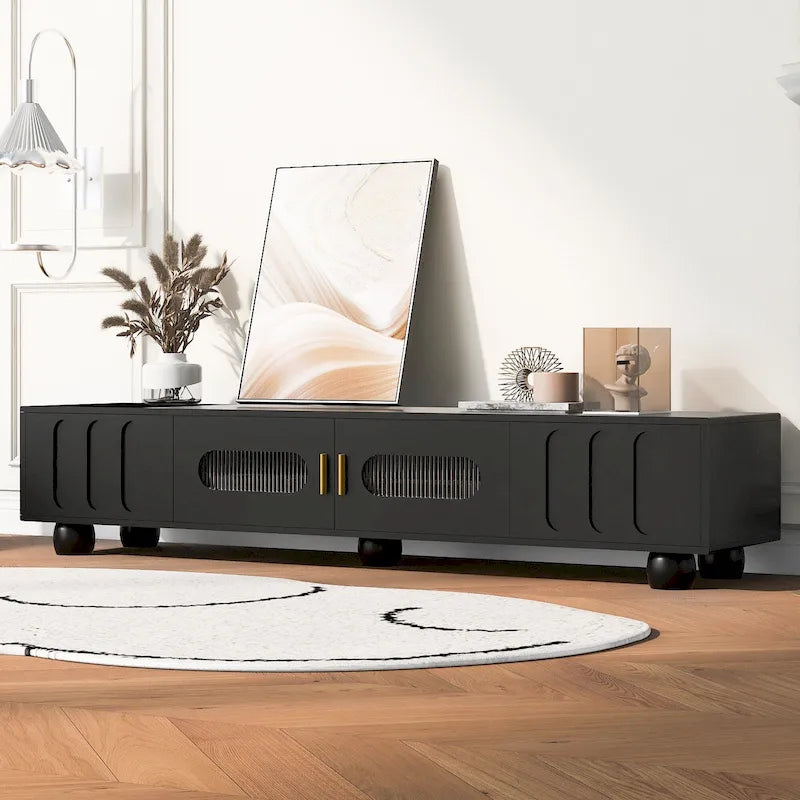 Meuble TV moderne à pieds en bois massif avec 4 étagères de rangement et 2 portes de rangement pour salon