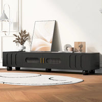 Meuble TV moderne à pieds en bois massif avec 4 étagères de rangement et 2 portes de rangement pour salon