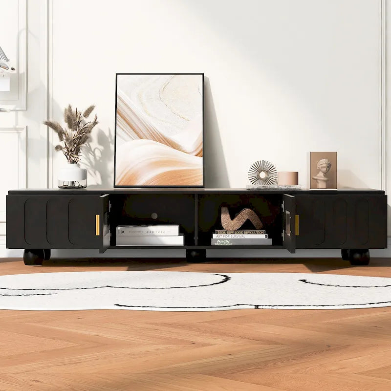 Meuble TV moderne à pieds en bois massif avec 4 étagères de rangement et 2 portes de rangement pour salon