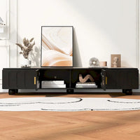 Meuble TV moderne à pieds en bois massif avec 4 étagères de rangement et 2 portes de rangement pour salon