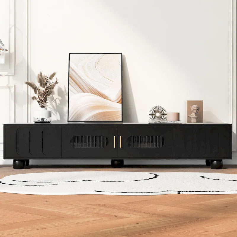 Meuble TV moderne à pieds en bois massif avec 4 étagères de rangement et 2 portes de rangement pour salon