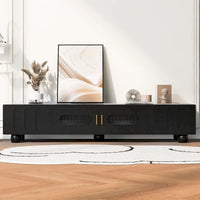 Meuble TV moderne à pieds en bois massif avec 4 étagères de rangement et 2 portes de rangement pour salon