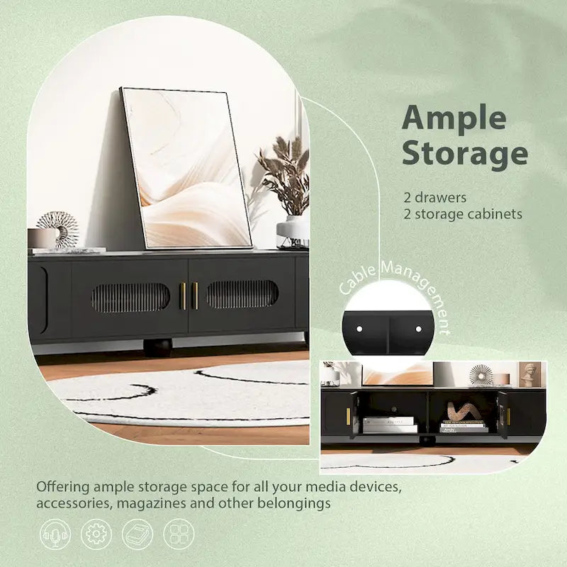 Meuble TV moderne à pieds en bois massif avec 4 étagères de rangement et 2 portes de rangement pour salon