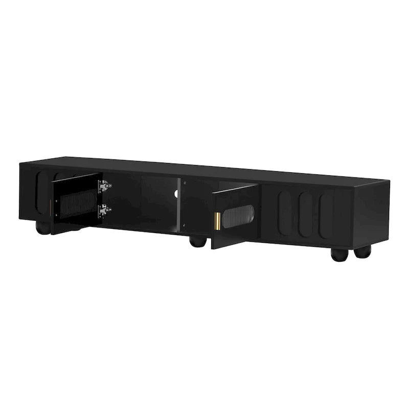 Meuble TV moderne à pieds en bois massif avec 4 étagères de rangement et 2 portes de rangement pour salon