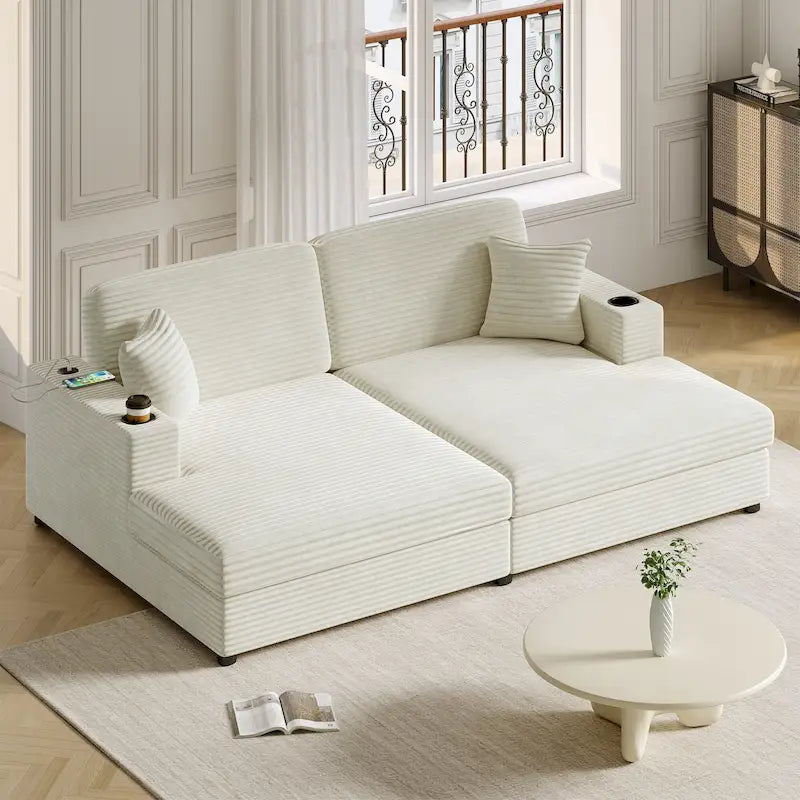 Canapé-lit sectionnel surdimensionné Roomfitters avec chaise longue, en velours côtelé avec ports USB et porte-gobelets