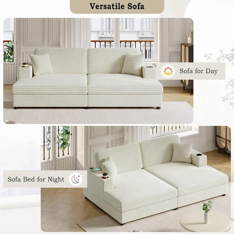 Canapé-lit sectionnel surdimensionné Roomfitters avec chaise longue, en velours côtelé avec ports USB et porte-gobelets