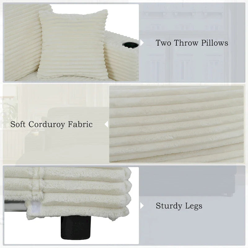 Canapé-lit sectionnel surdimensionné Roomfitters avec chaise longue, en velours côtelé avec ports USB et porte-gobelets