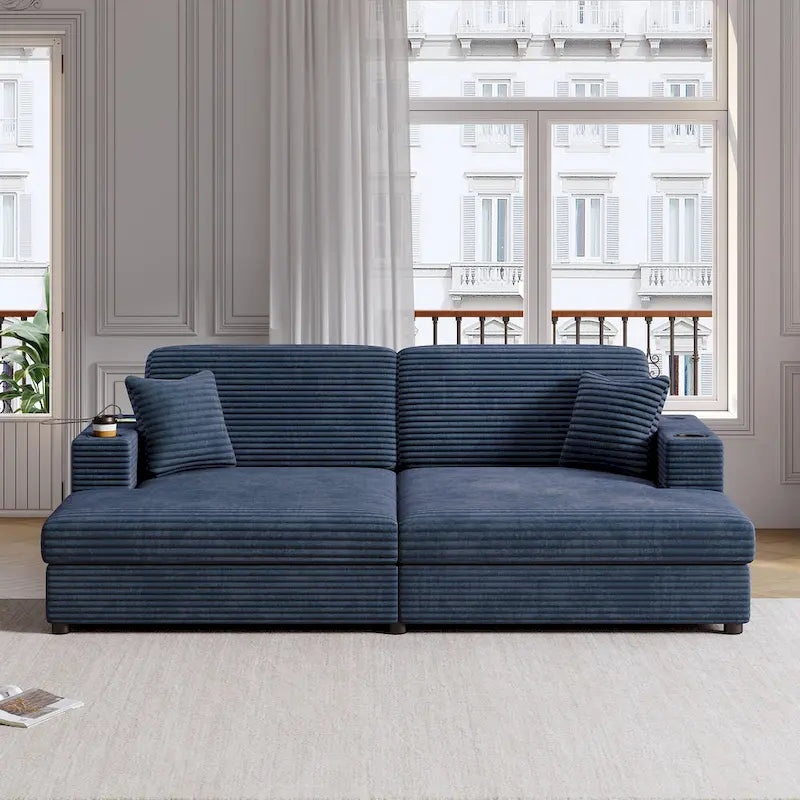 Canapé-lit sectionnel surdimensionné Roomfitters avec chaise longue, en velours côtelé avec ports USB et porte-gobelets