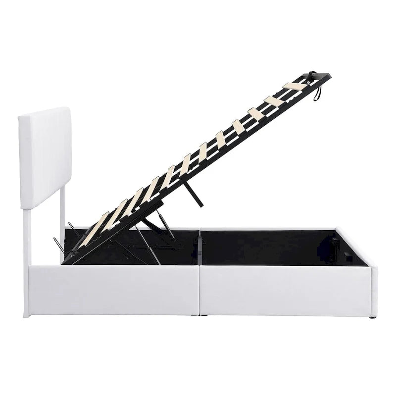 Lit plateforme rembourré avec système de rangement hydraulique