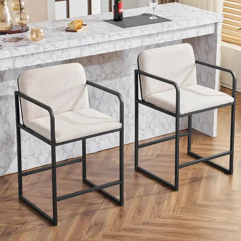 Lot de 2 tabourets de bar à hauteur de comptoir, modernes et rembourrés, avec accoudoirs, structure en métal et assise rembourrée