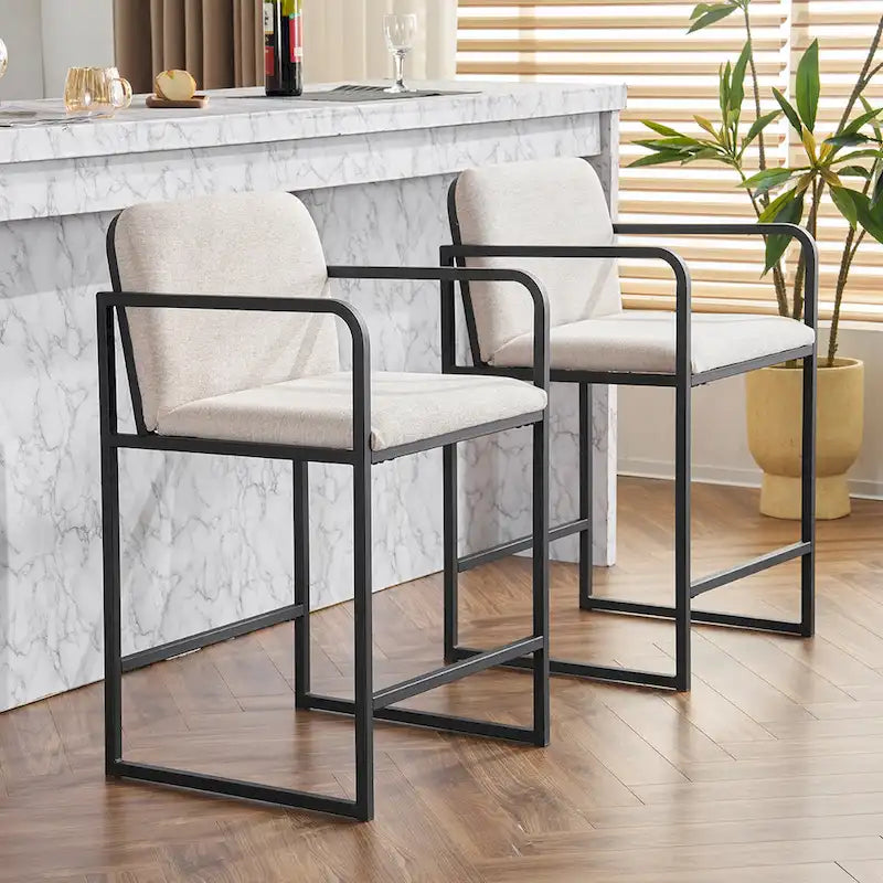 Lot de 2 tabourets de bar à hauteur de comptoir, modernes et rembourrés, avec accoudoirs, structure en métal et assise rembourrée